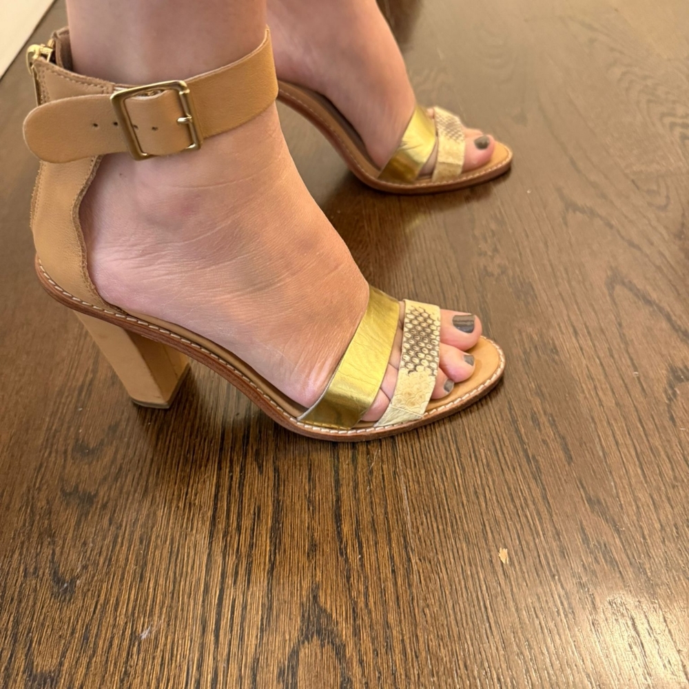 Loeffler Randall Women's Leather Sandal Heels shoes Gold Strap size 9